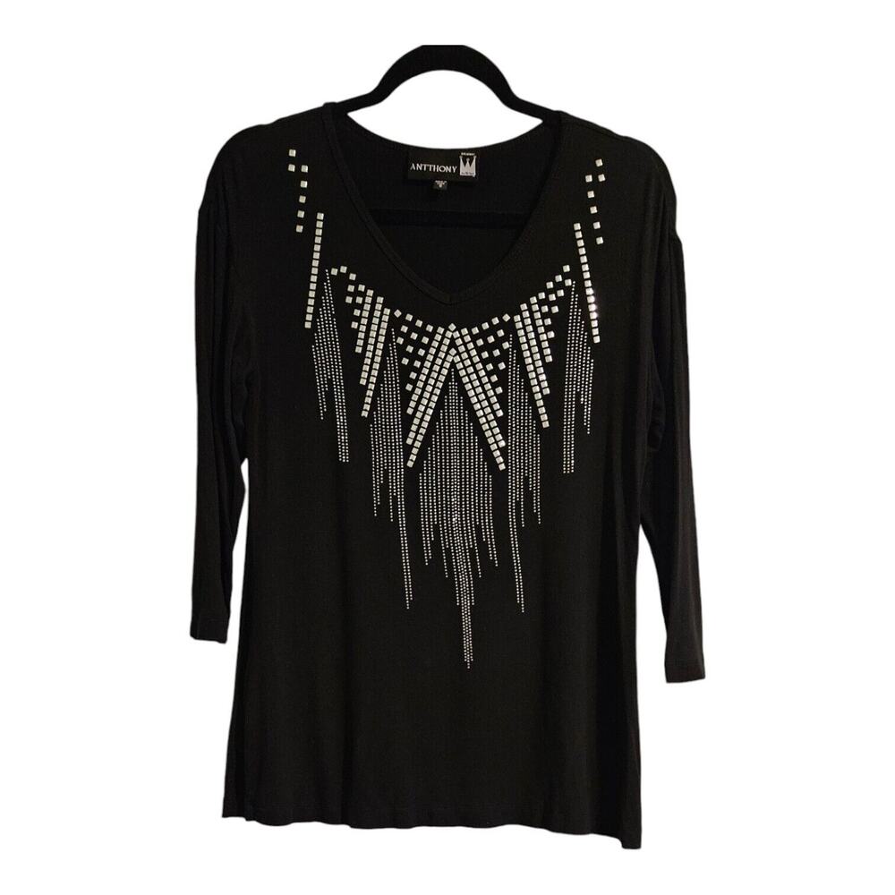 Antthony Originals Womens S Black Top Studded Silver Stretch Scoop Neck